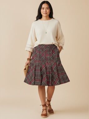 Kenar Red Plaid Stretch Midi Skirt Size 8